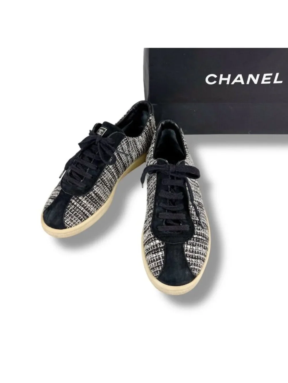 Chanel Tweed Low Cut Sneakers Black CC Logo 39